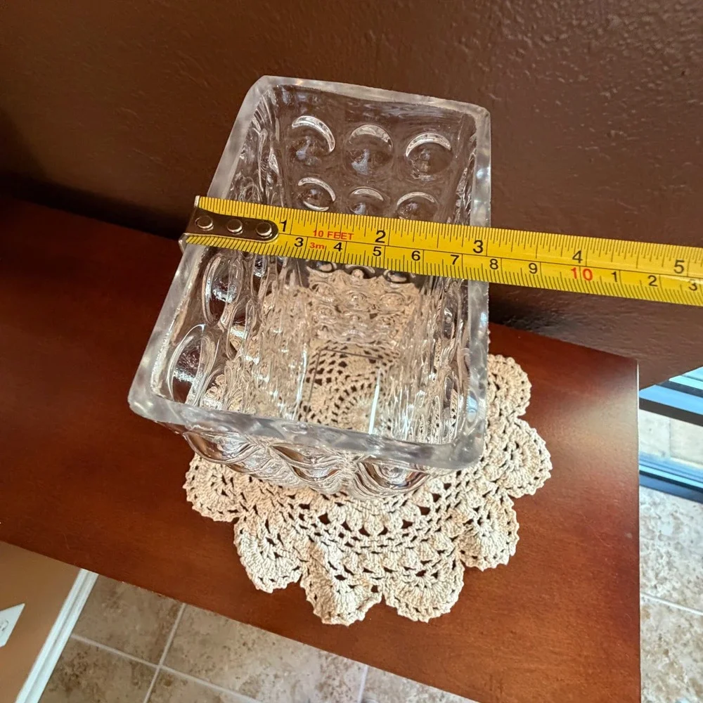 Vintage Rectangular Clear Glass Hobnail Bubble Texture Vase 8 Inch Tall MCM